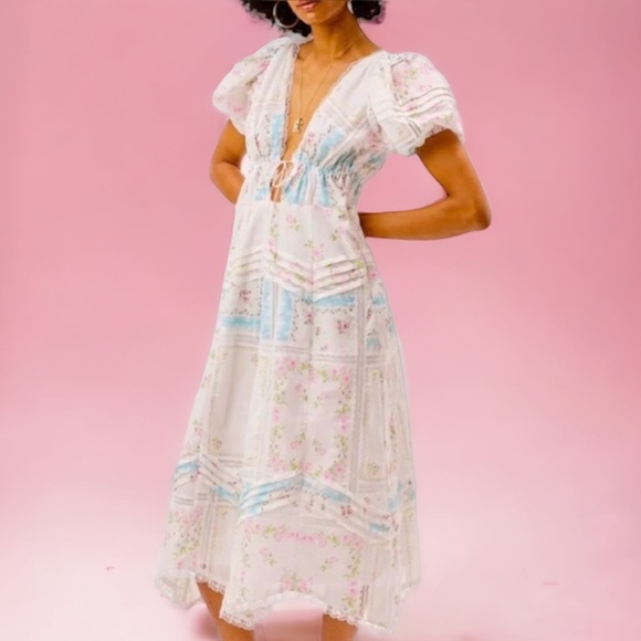 For Love & Lemons x Free People Shea XS White Blue Handkerchief Floral Lace Midi - Picture 2 of 11